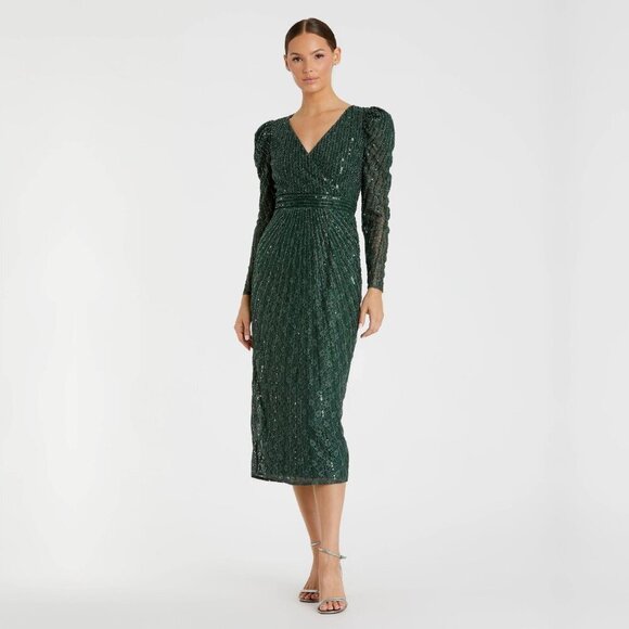 NWT Mac Duggal Beaded Lace Long Sleeve Midi Dress Deep Green 2 #8541 - Picture 1 of 8